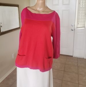 Pink & red colorblock xl crewneck 3/4 sleeve ribbed hems front pockets